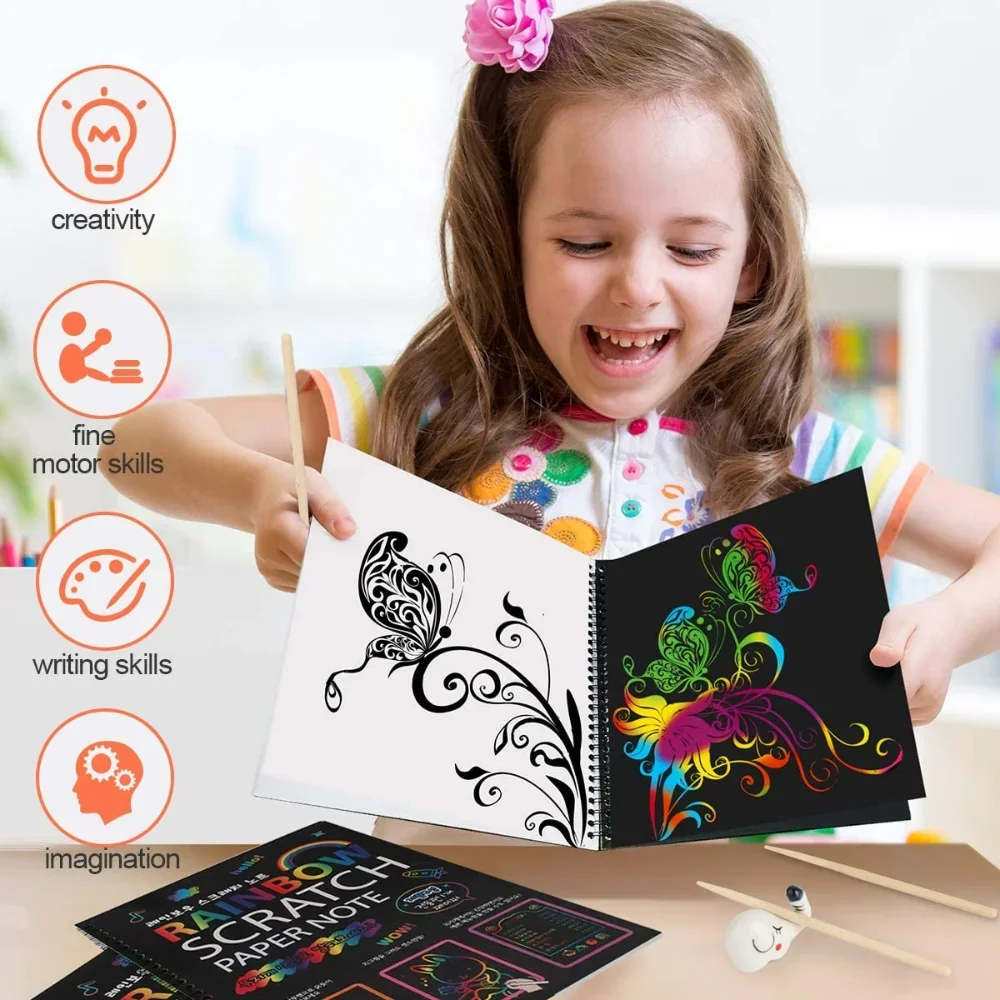 Kit Papier à Gratter Magique Arc-en-Ciel 2 Pièces A5 - Stylet Bois, Activité Voyage & Sensorielle Enfants