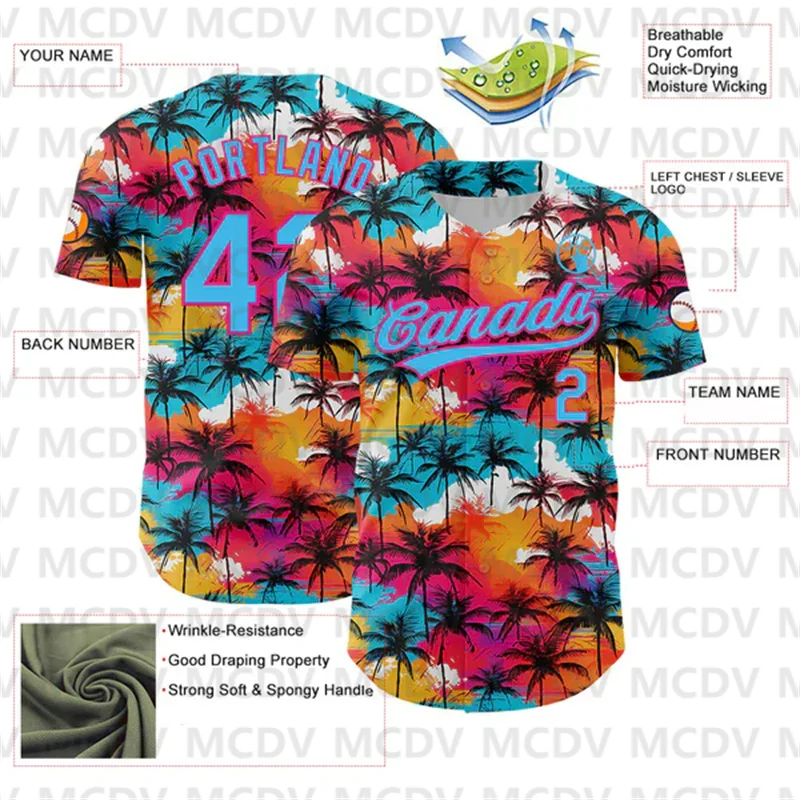 Camiseta de béisbol personalizada para hombre y mujer, camisa informal con estampado 3D de palmeras tropicales Hawaianas, color azul cielo y rosa