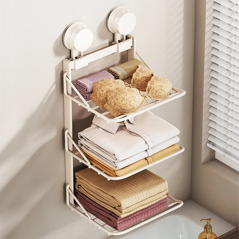 

No Punching Bathroom Suction Cup Type Clothing Storage Rack Upgrade Larger Capacity Storage Shelf Durable Moisture Proof Holders