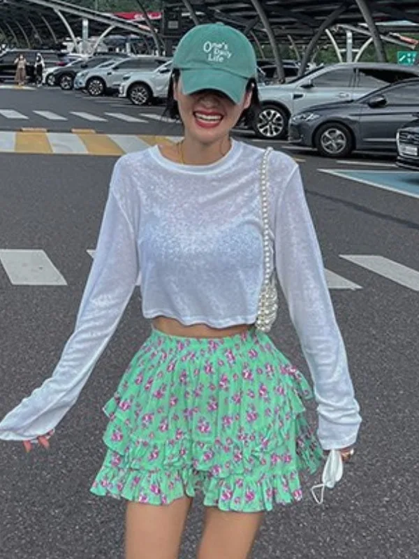 

Sweet Floral Print High Waist Double Layer Skirt Women's f-length Skirt Dongda Gate Unique Sle Spring Faion