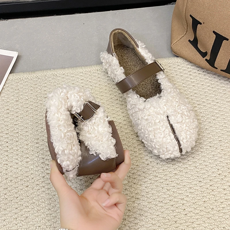 Shoes Woman Flats Loafers Fur Round Toe Autumn Casual  Dress Moccasin Fall Winter Leisure Buckle  Flock Rubb