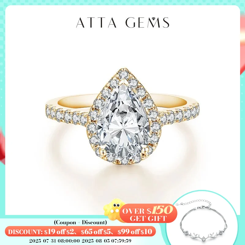 

ATTAGEMS Pear Cut 2.0CT D Color VVS1 Luxury Moissanite Ring 925 Sterling Silver Pure 18K 14K 10K Gold Engagement Ring for Women