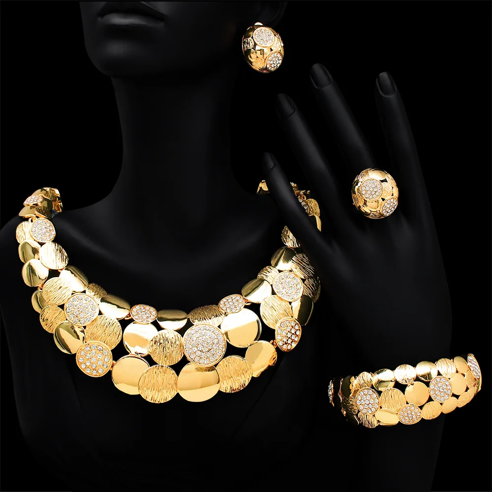 Luxury Jewelry Set For Women 18K Gold Plated Nacklace Earring Bangle Ring 4pcs Big Set Jewelry High Quality Italian Design