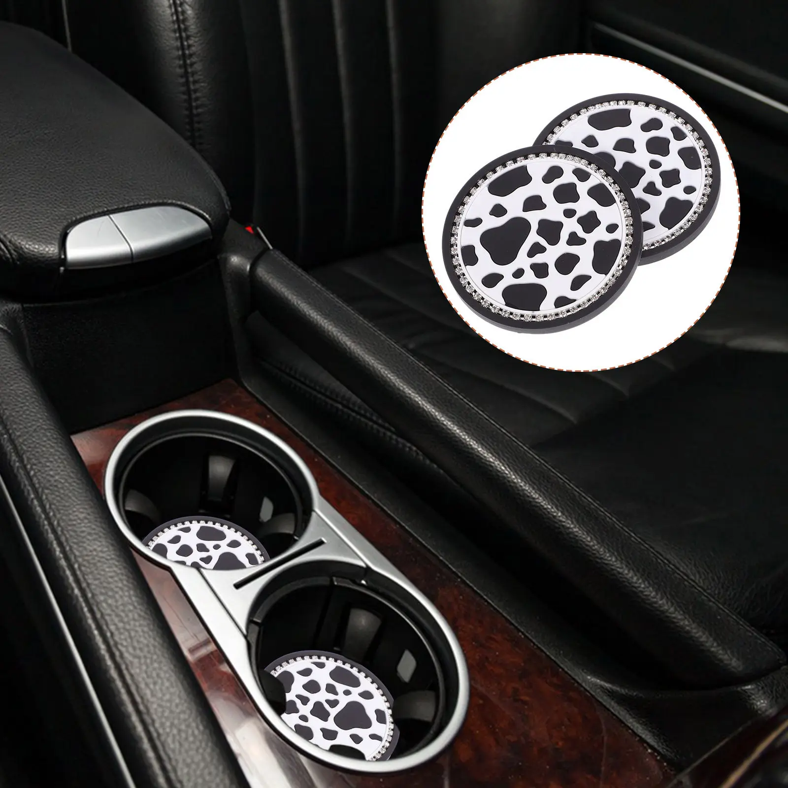 2Pcs Car Water Cup Pad Non-Slip Cow Print Coaster Set PVC Material for Cup Holders Car Interior Accessories Stylish Fit
