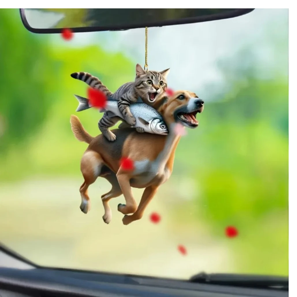 

Fun Car Pendant Hanging Ornament with Chain Realistic Animal Cat-Shaped Rearview Mirror Hanging Decor Car Interior Accessories