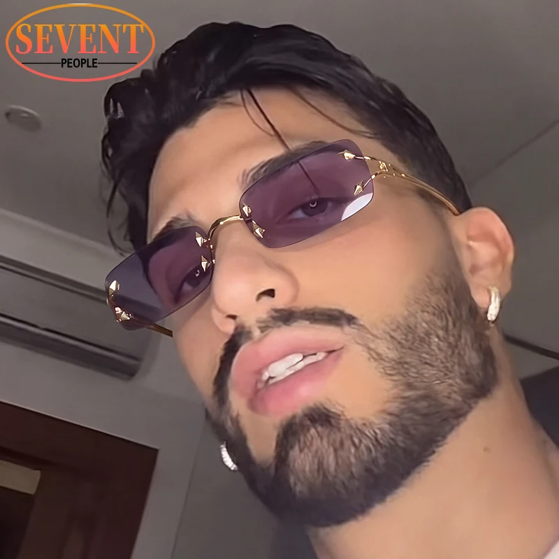 Rectangle Rimless Punk Sunglasses Men 2026 Luxury Designer Trendy Metal Hip Hop Sun Glasses Vintage Driving Shades Eyewear UV400