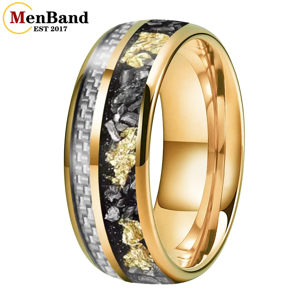 MenBand 8MM White Carbon Fiber And Meteorite Gold Foil Inlay Men's And Women's Wedding Tungsten Rings,Unique Anniversary Ring