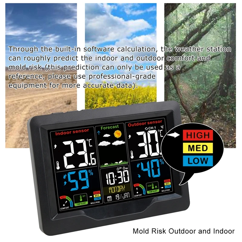 Multifunctional Wireless Weather Station Digital Color Display Barometer Thermometer Hygrometer Clock Forecast Outdoor Sensor