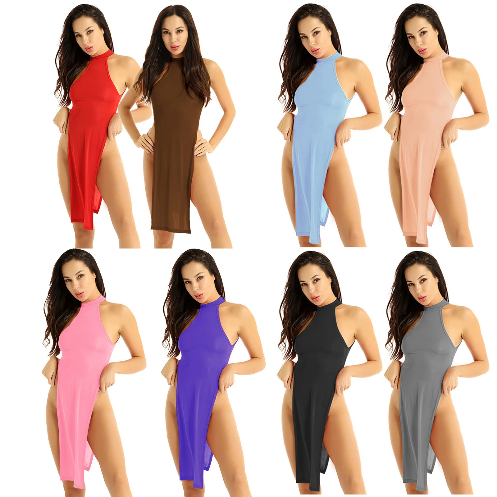 Sexy Women\'s Ultra Thin Lingerie Silk Sleeveless Nightgown Dress High Slit Leg Cheongsam Dress Chemise Party Nightclub Clubwear