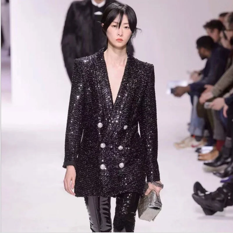 

Women's V-Ne Double-Buttoned iny Sequin Versatile Suit Jaet Spring Autumn New Sle Street Sle Pure Color Long Sve