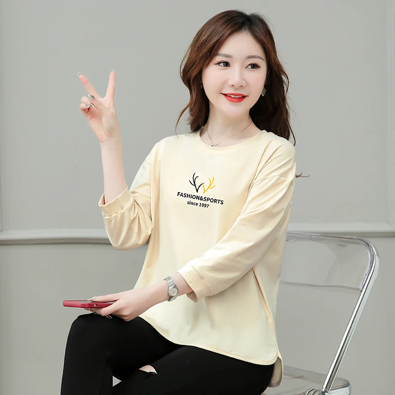 

2025 new plus size middle-aged women's pure cotton 7-quarter sleeve T-shirt summer loose casual and fashionable versatile top