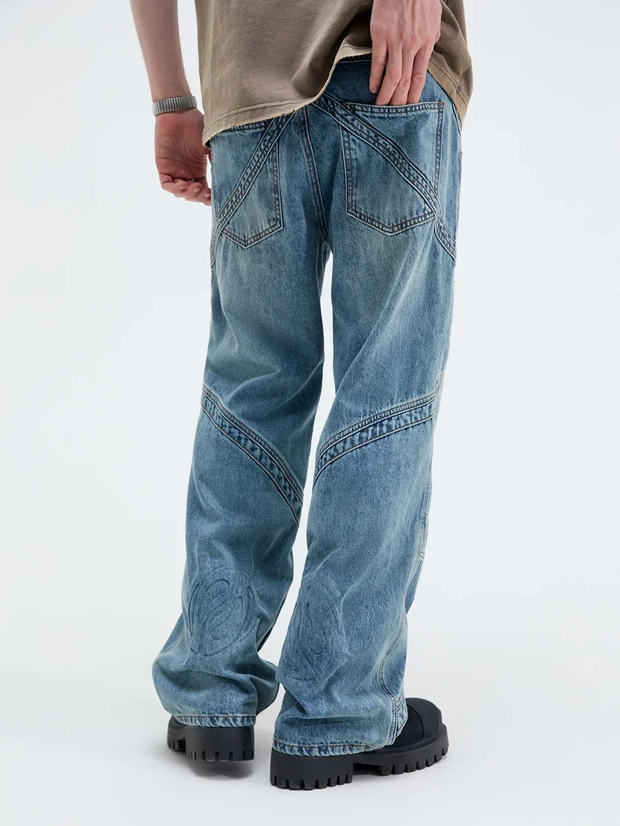 

Design Sense Wash Jeans Men's Hip Hop Loose Deconstructed Cutting Wide Leg Pants High Street Baggy Jeans Distressed R69