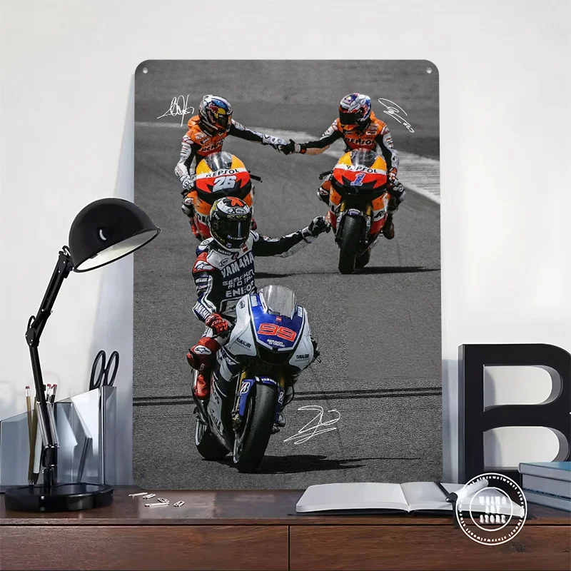 Casey Stoner Vs Dani Pedrosa Vs Jorge Lorenzo Tin Sign Wall Art Poster Vintage Metal Signs for Man Cave Decoration Corner Coffee