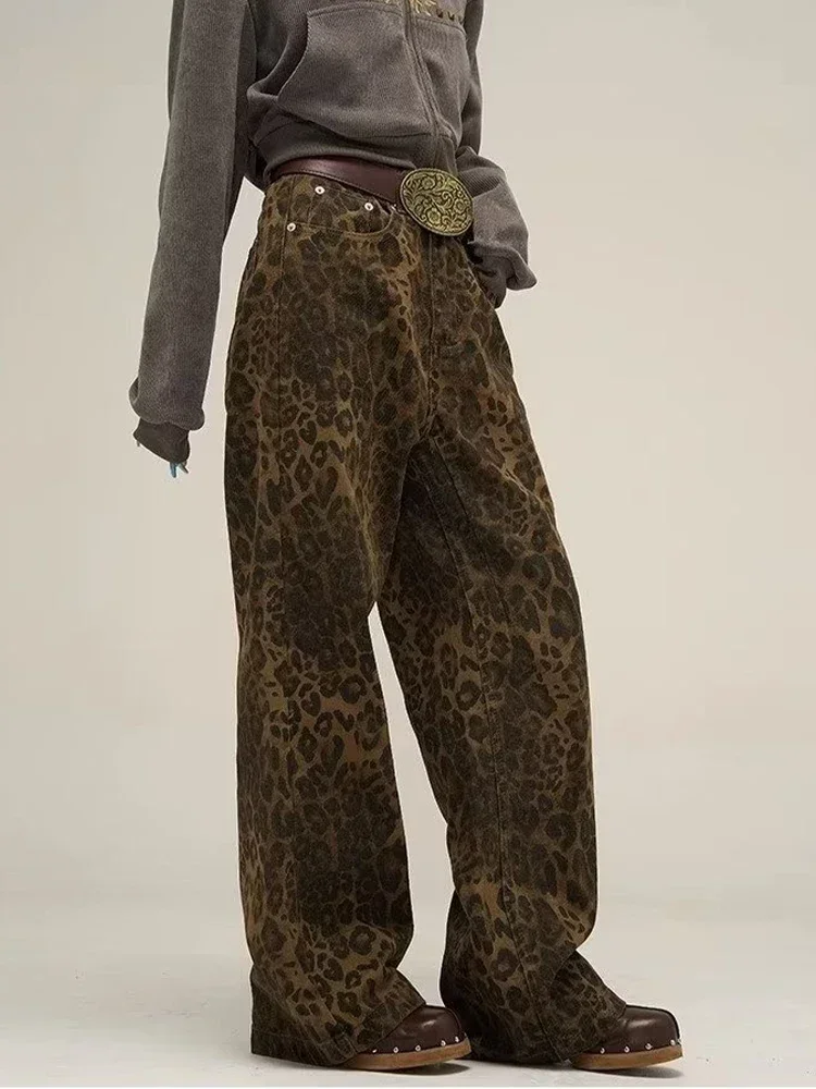 HOUZHOU-pantalones vaqueros de leopardo tostado para mujer, pantalones de mezclilla femeninos de gran tamaño, pantalones de pierna ancha, ropa de calle, ropa Vintage de Hip Hop, ropa suelta informal