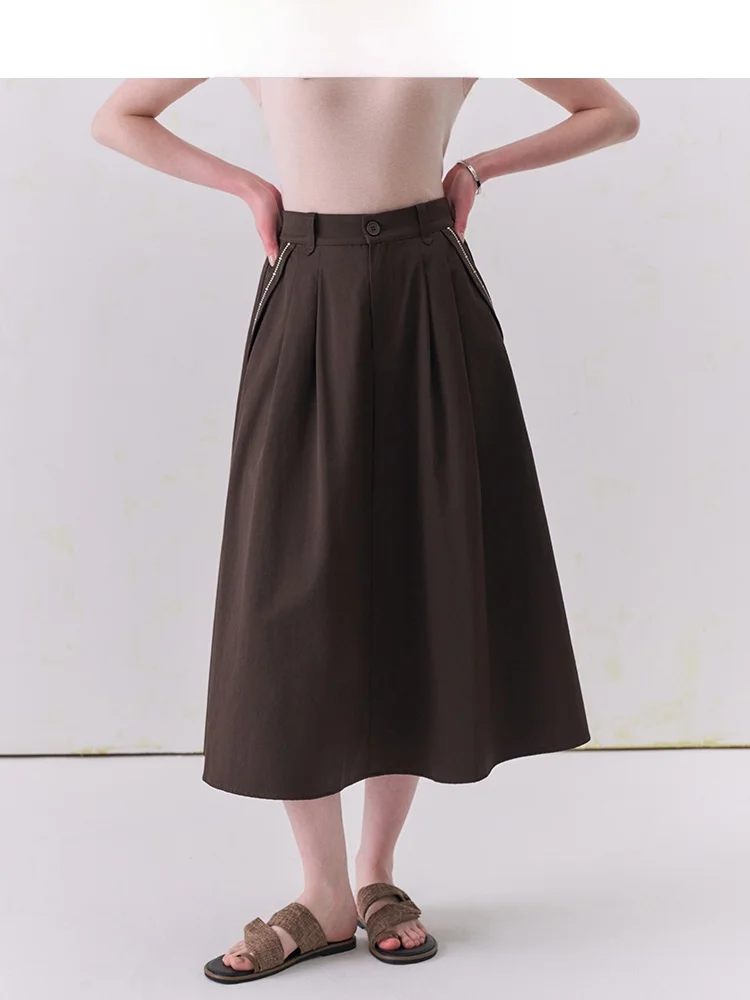 

Elegant High Waist A-Line Skirt for Women Commute Suitable Cotton Blend Spring Summer New Style Slimming Midi Skirt