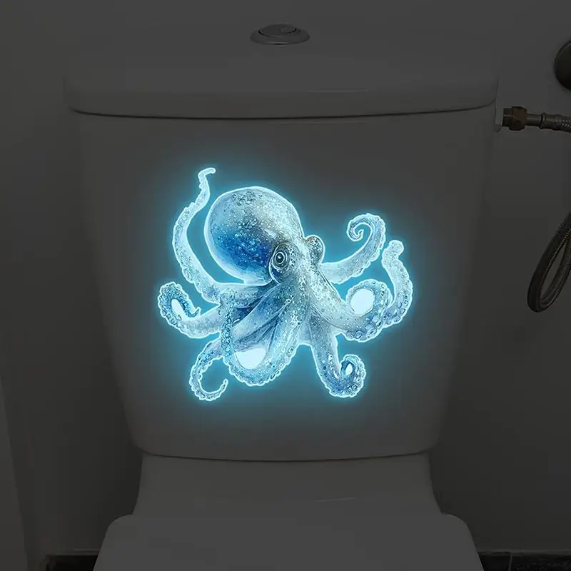Glow-In-The-Dark Toilet Stickers Blue Octopus Design Self-Adhesive Removable Luminous Wall Stickers Car Stickers Home Decor
