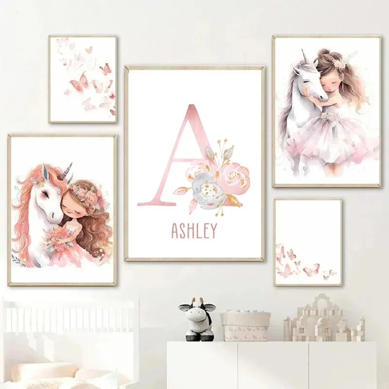 Custom Name Pink Wall Art Canvas Paintings Ballerina Girl Unicorn Butterfly Kids Room Decor Nursery Poster Pictures Wall Decor