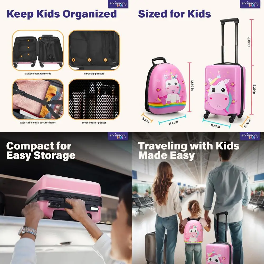 

Unicorn Themed Kids Luggage Set for Girls, Backpack & Carry-On Suitcase, Toddler Travel Gear