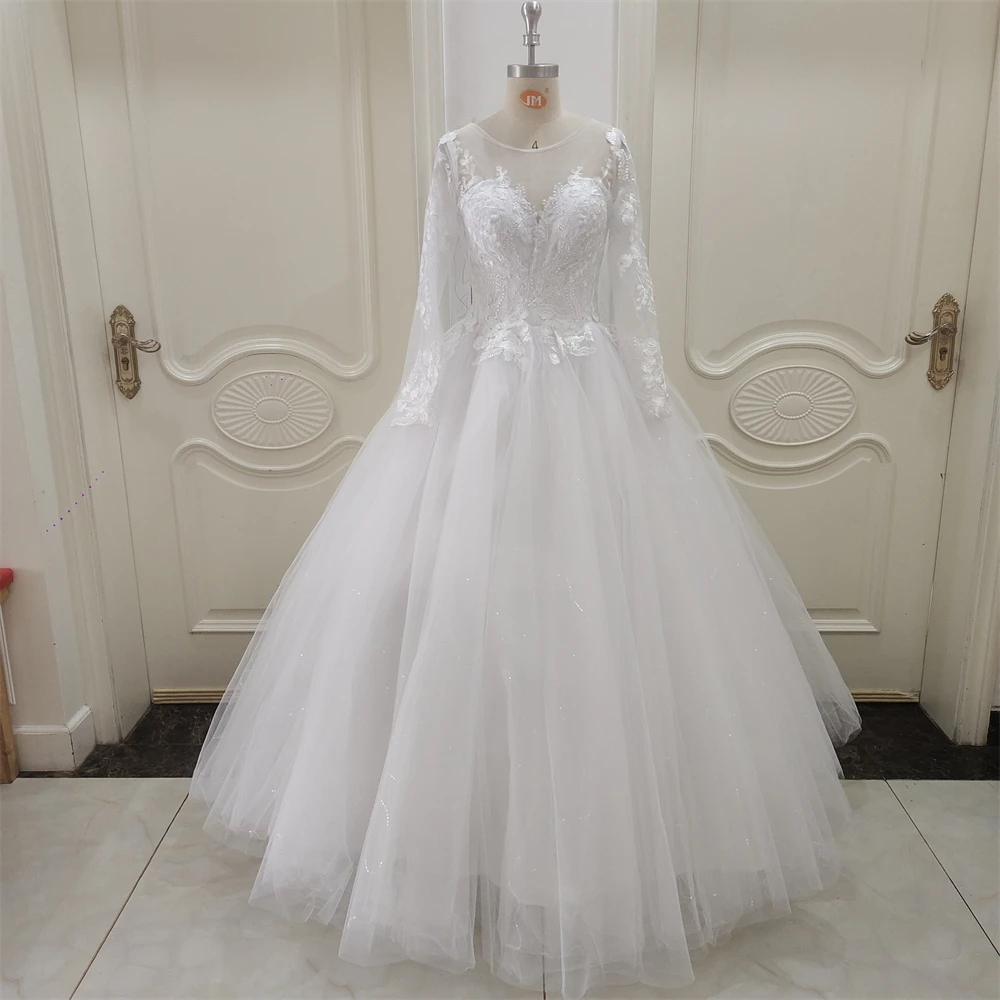 

Customized ZJ9319 Princess Elegant O-Neck Wedding Dress Women Lace Up A-Line Applique Long Sleeves Beach Bride Gowns