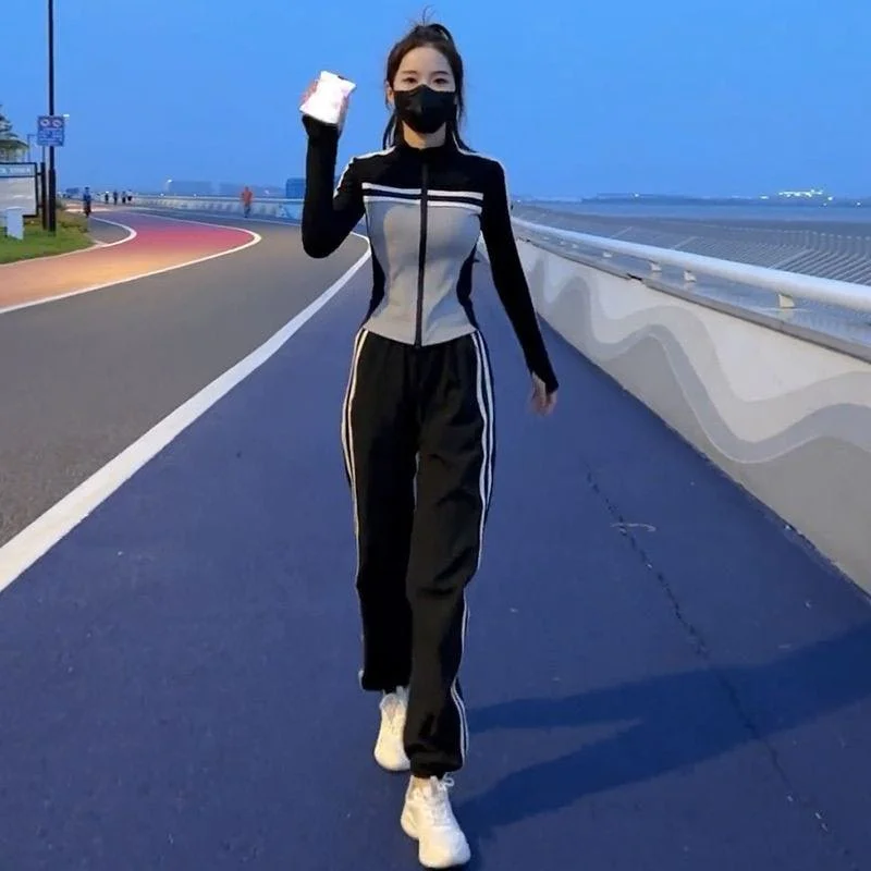 Casual Sportswear Set Women's Fashion Color Block Long Pants Two-Piece Spring Autumn Cotton Slant Patterned Yoga Outfit