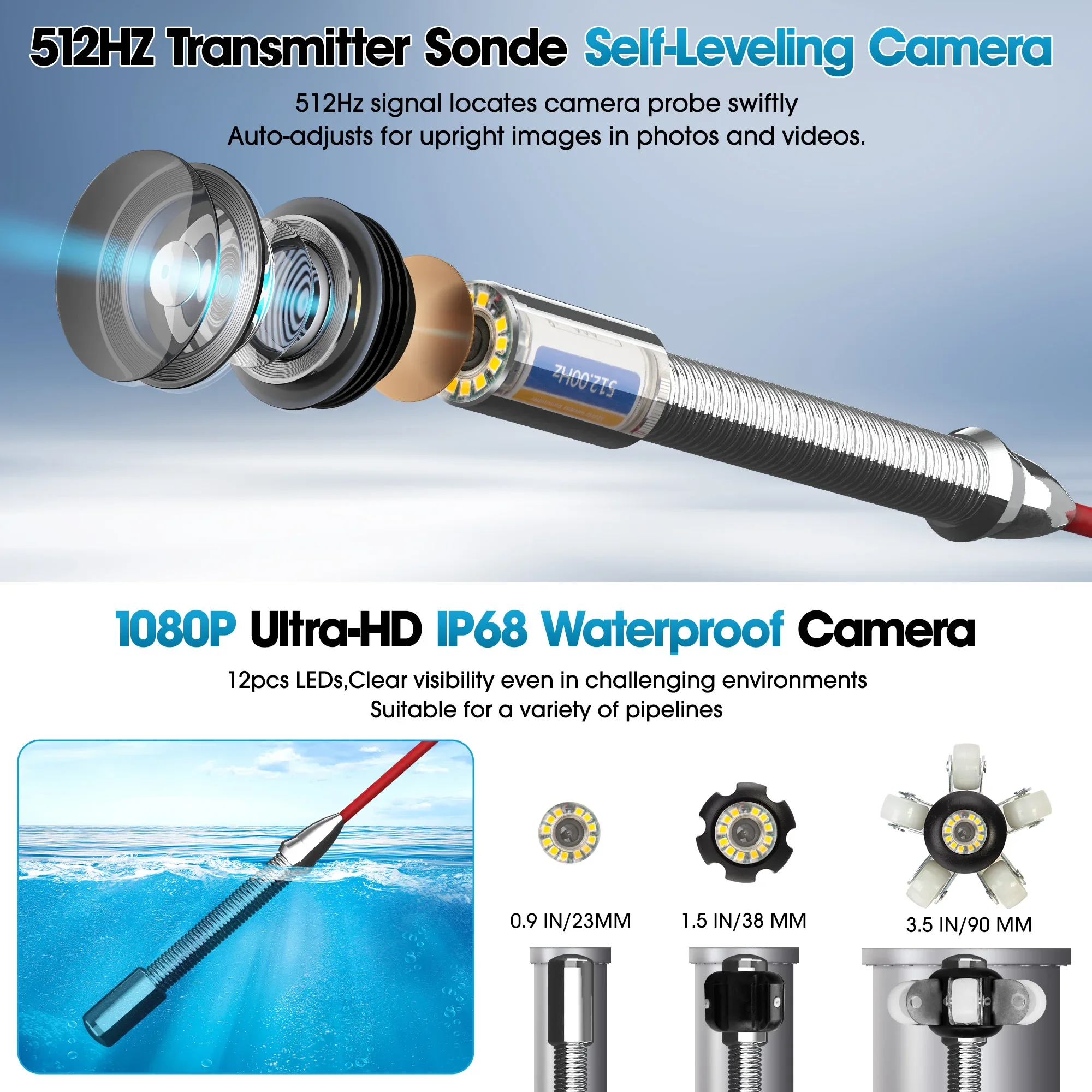 512 هرتز Sonde/الارسال + محدد/استقبال المنظار الصناعي مع عداد أمتار و 8 جيجابايت الصوت + تسجيل الفيديو كاميرا أنابيب الصرف الصحي