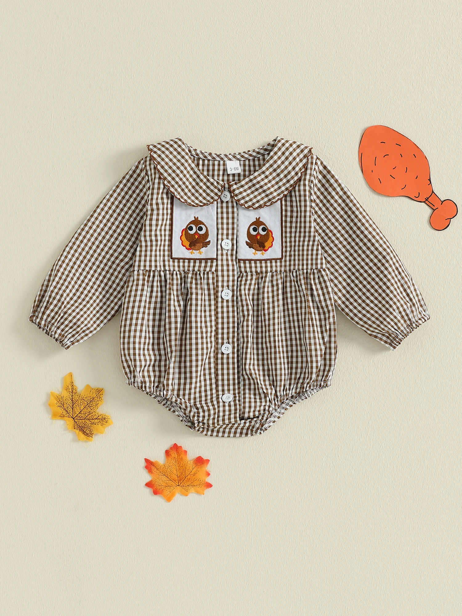 

Festive Baby Girl Romper with Embroidered Details and Doll Collar Perfect for Thanksgiving and Christmas Celebrations