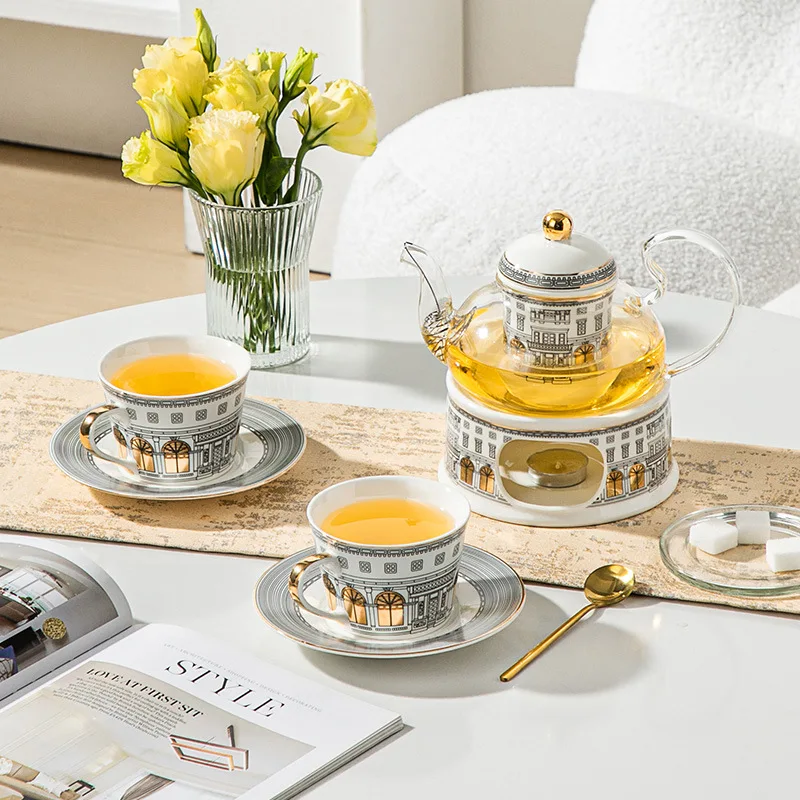 European Luxury Ceramic Tea Set with Hand Gold Trim , Architectural Style Teapot & Cups, Premium Afternoon Tea Gift Set