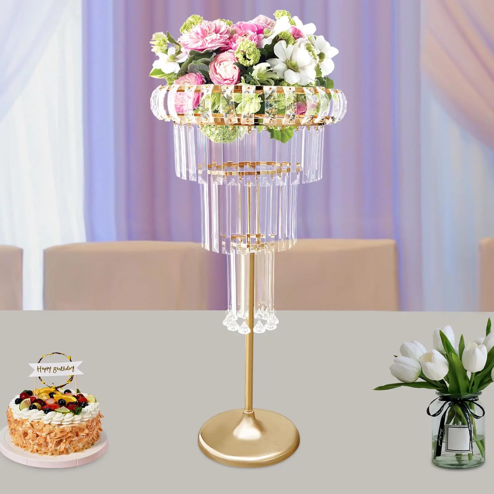 Headery 2 pezzi centrotavola matrimonio a 4 livelli vasi di cristallo, supporto per fiori in acrilico da 32,3 pollici con cristalli pendenti, piedistallo lampadario rotondo