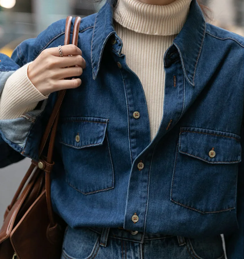 

Women Blue Denim Shirts Spring Autumn Long Sleeve Pockets Mid-Length Jean Outerwear 2023 Fashion Single Breasted Female Blouse