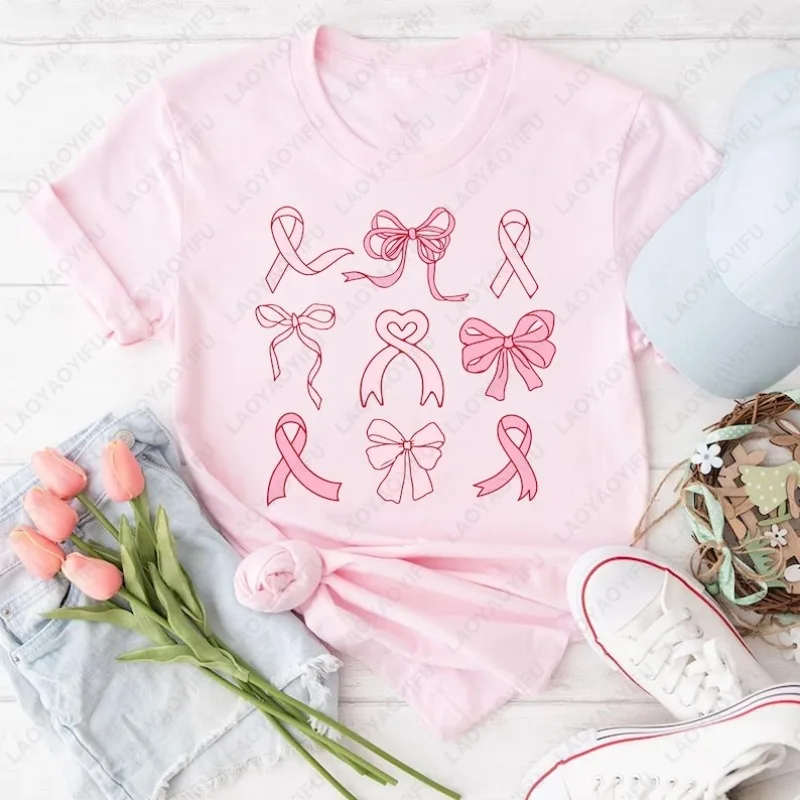 

Breast Cancer Awareness Coquette Men Women Tops Support in October I Wear Pink Ribbon Bow Pattern Print Tees Cotton Fun Tshirt