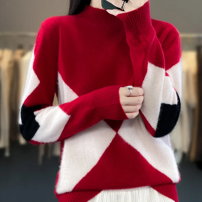 Autumn Winter 100% Merino Wool Sweater Mock-Neck Pullover Contrast Color Cashmere  Classic Long Sleeves Clothing Top