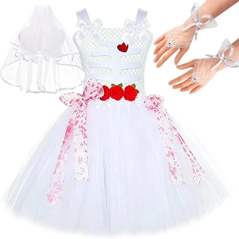 Girls' Horror Bride Tutu Dress Set, Kids Gorgeous Halloween Costume with Veil, Lace Gloves etc, Children Ghost Cartoon Outfit