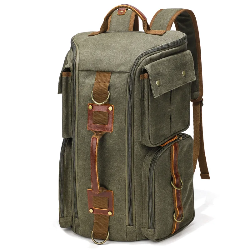 Vintage Leather Man16 inch Laptop Backpack Waxed Canvas Shoulder Rucksack Carry-On Travel Backpack for Men Women image 3