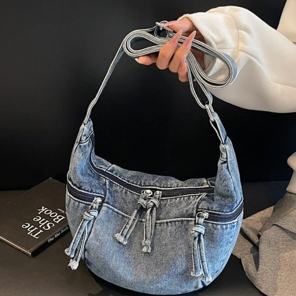 Retro washed denim fabric women's handbag with shoulder strap - lightweight and distressed crossbody bag