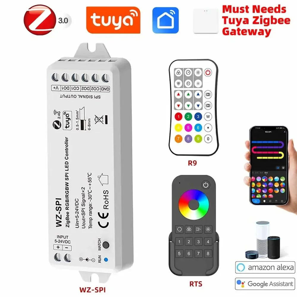 Tuya Zigbee SPI Led Controller DC5-24V RGB/RGBW WS2811 2812 2814 Addressable Dynamic RF Remote Tuya APP Voice for Google Alexa
