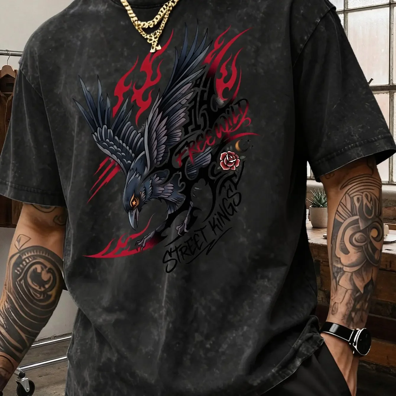 100% pure cotton summer and spring men's and women's short sleeved T-shirts with street graffiti style crow pattern print