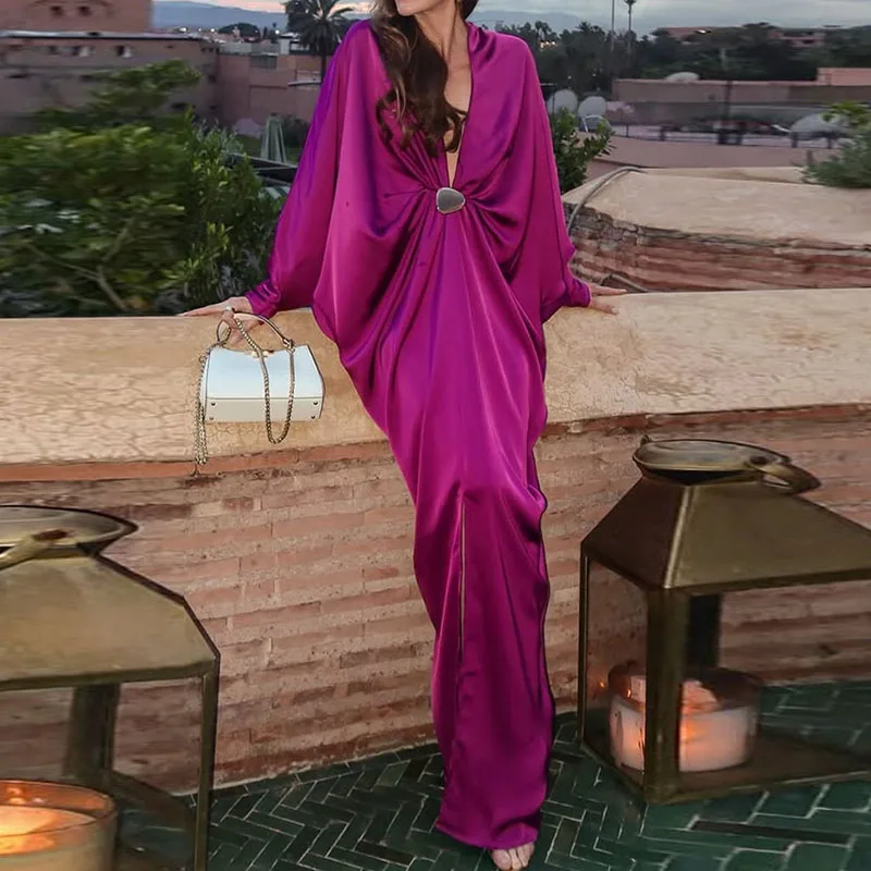 

Spring Summer Elegant Solid Color Loose Long Dress Sexy Deep V-neck Slit Pleated Dress 2026 Chic Bat Sleeve Formal Evening Dress