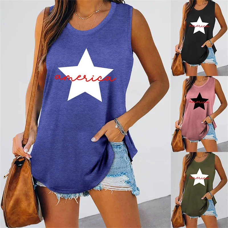 

Summer new cotton women's dress america five-pointed star Independent Day print vintage round neck real fashion casual vest top