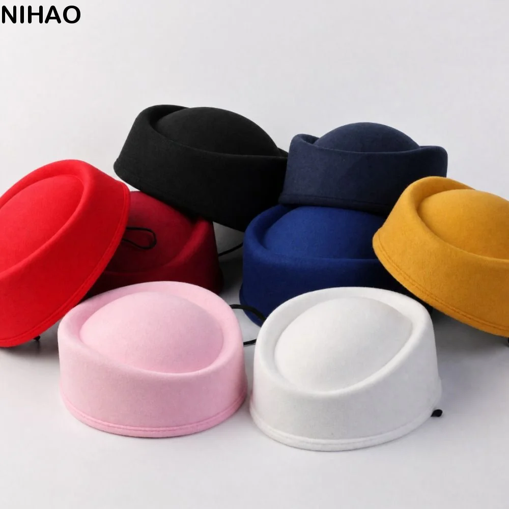 Woolen Top Hat Vintage Topper Hat Retro Charm Airline Stewardess Caps Elegant Solid Color Pillbox Hat Masquerade Party