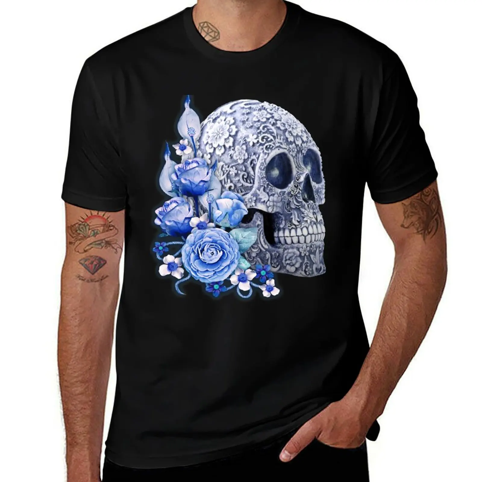Unique Cool Blue Floral Blue Flowers Skull T-Shirt Soft Stretch Short Sleeve Top