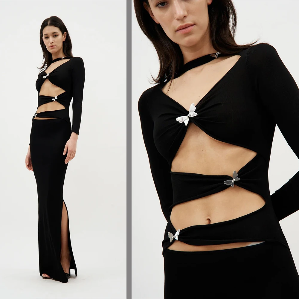 Sexy Long Sleeve Cut Out Split Butterfly Bodycon Maxi Dresses Formal Cocktail Evening Party Dress Black Prom Gown Woman Clothing