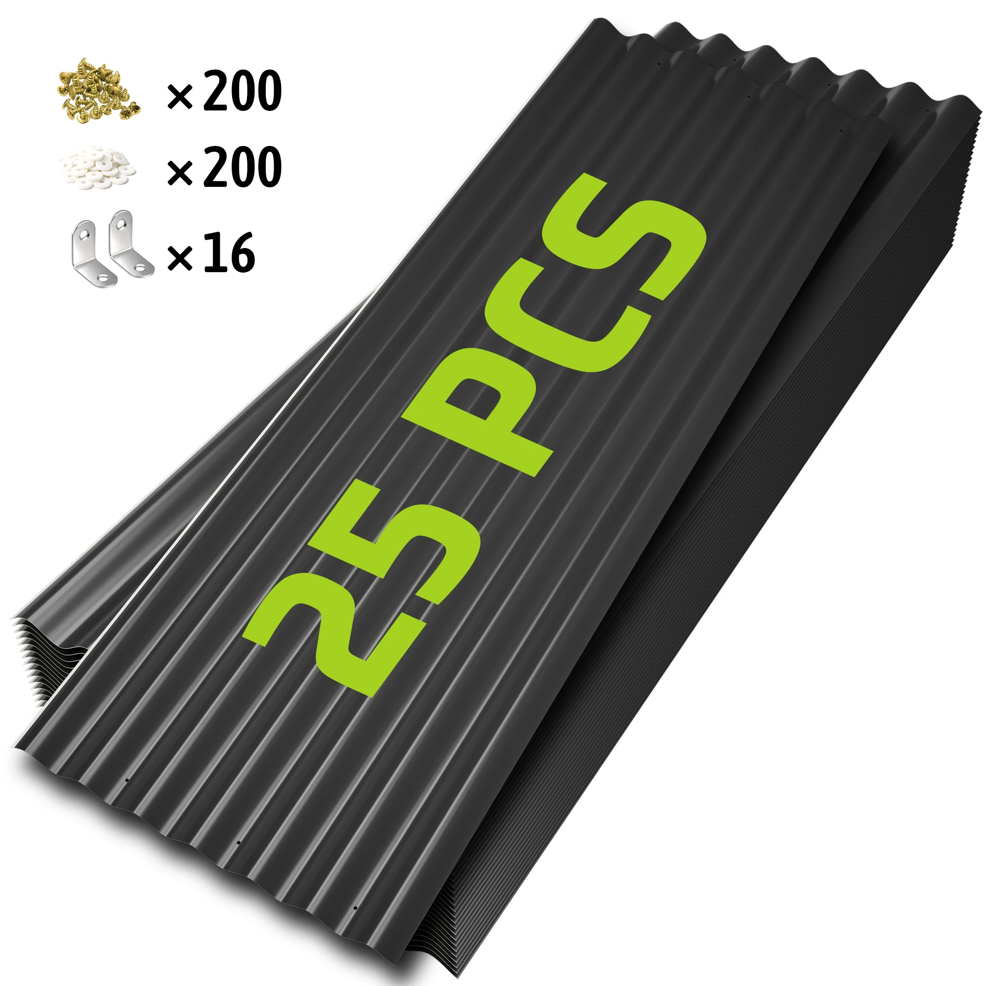 25 Pcs Heavy Duty Galvanized Steel Corrugated Roof Panels Gray/Black for Outdoor Garden Shed Garage Patio Gazebo Top Cover