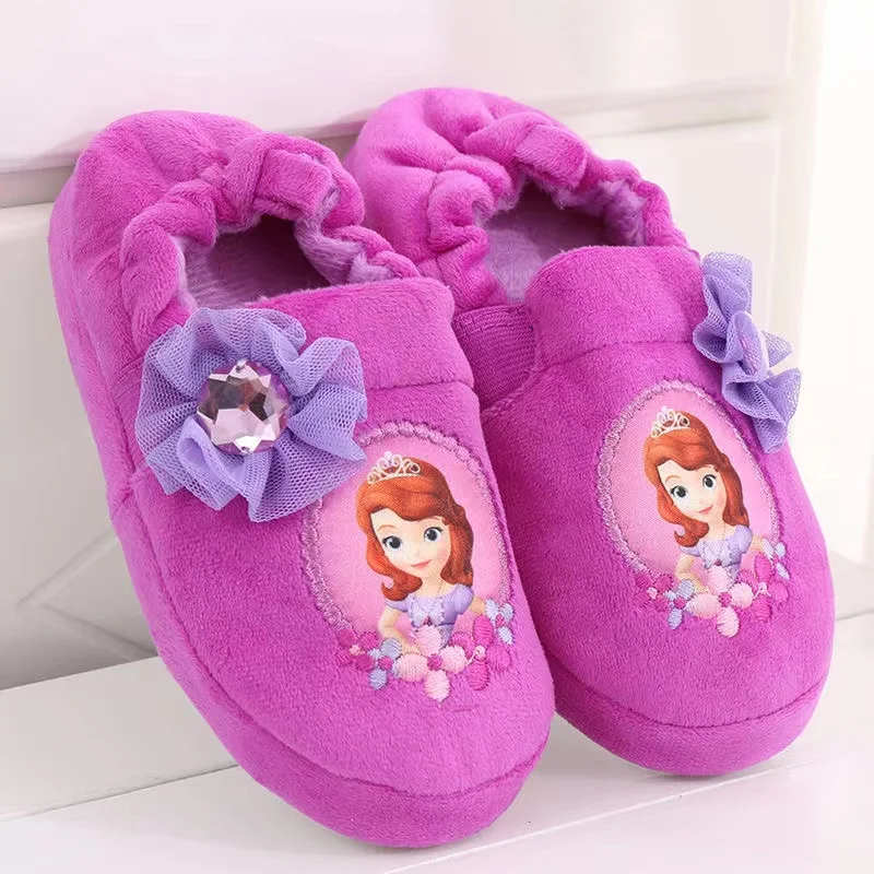 New Autumn Winter Disney Baby Girls Cotton Slippers Princess Cartoon Sofia Print Children Soft Indoor Anti Slip Kids Home Shoes