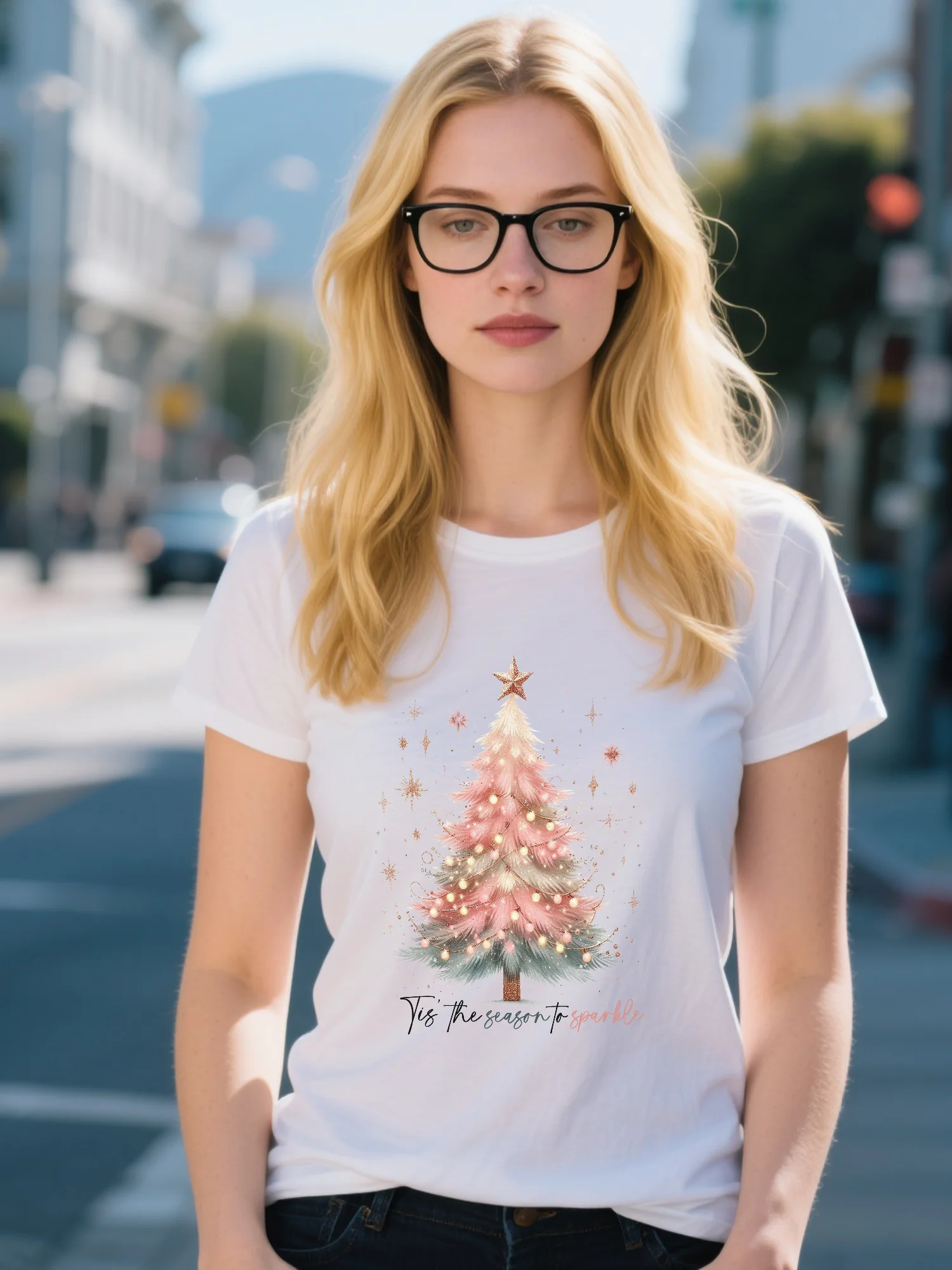 

Organic Cotton Women's T-Shirt - White High Street Santa Hat Print, Moisture-Wicking Winter Essential