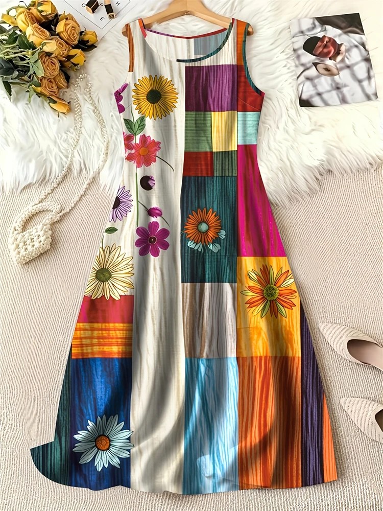 Summer Fashion Round-Neck Women's Dresses Botanical Floral Color-Blocked Patchwork Dresses Travel Party and Beach Dresses