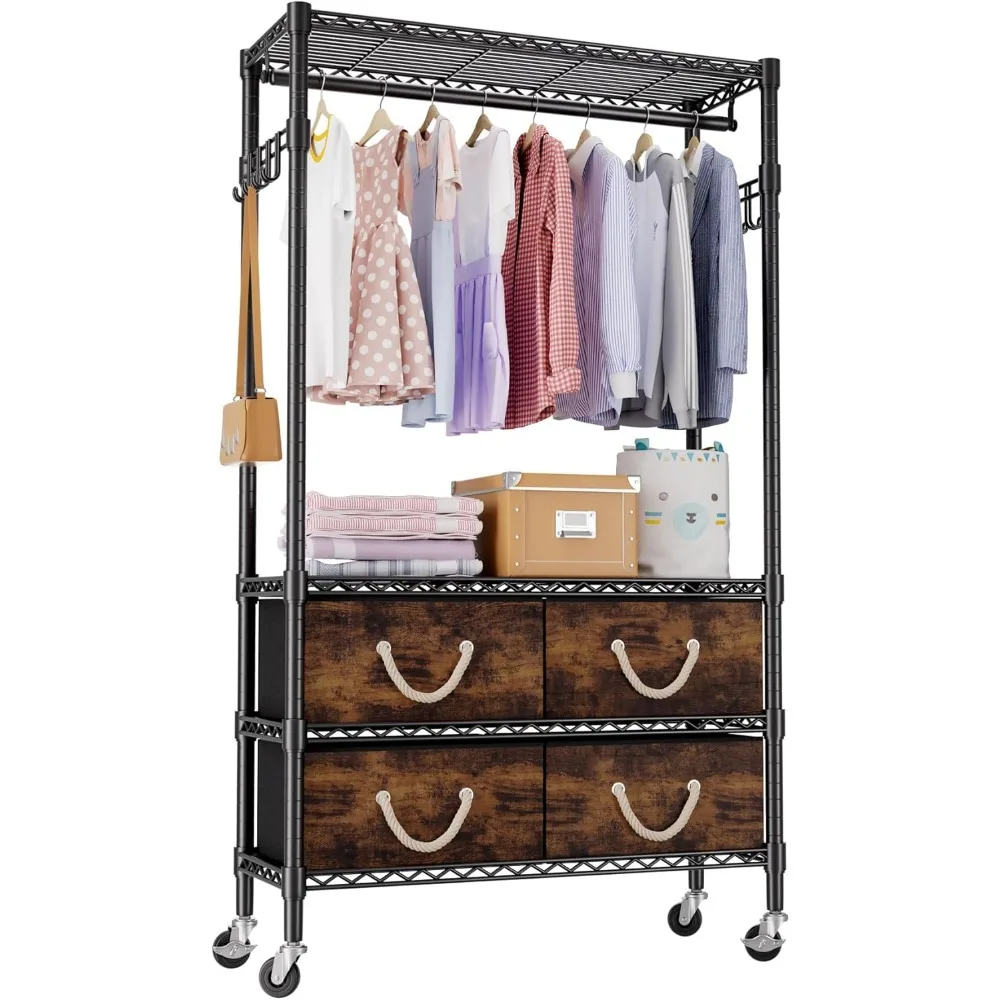 Clothes Heavy Duty Clothing Racks for Hanging Clothes Garment Rack with 4 Fabric Drawers Adjustable, Cloth Wardrobe