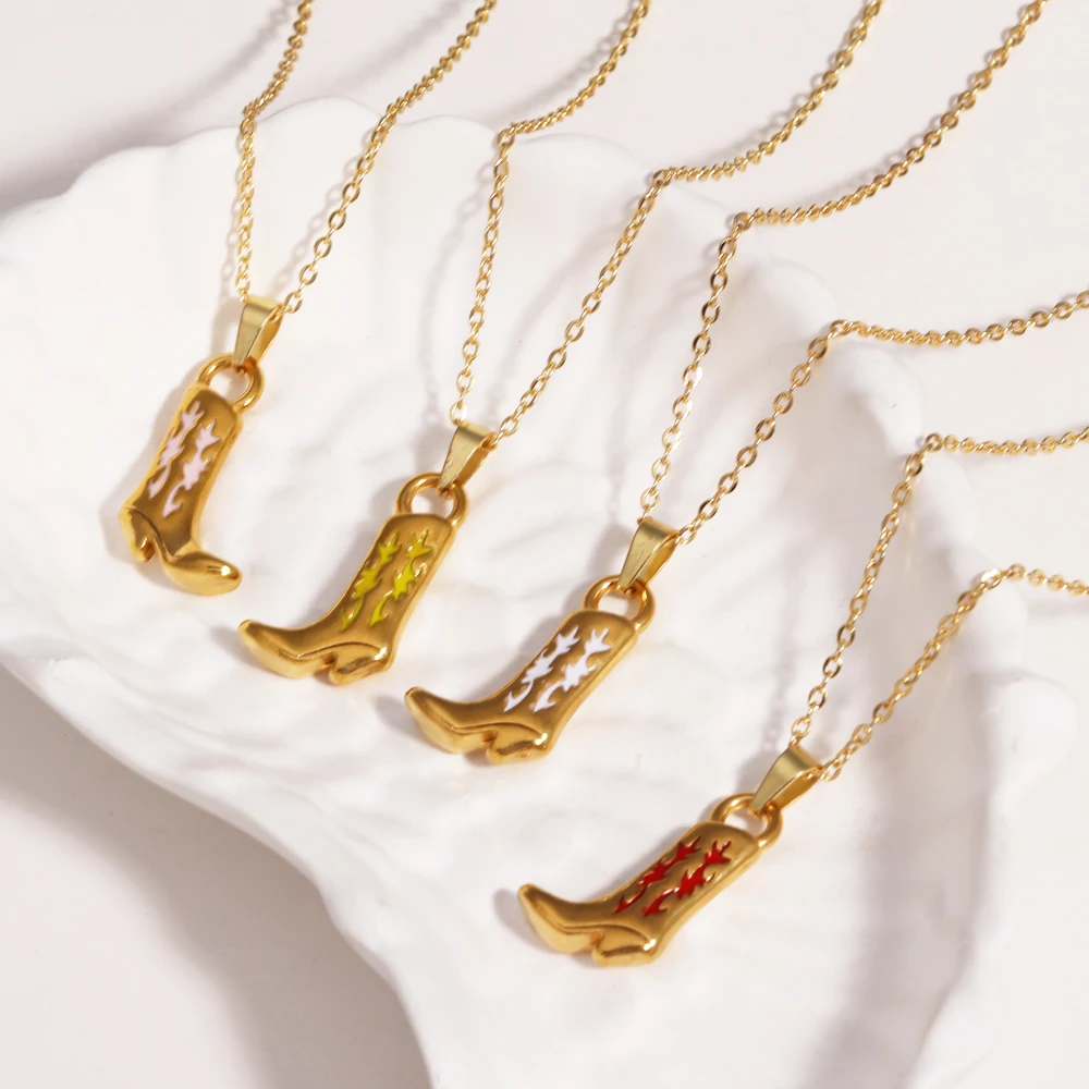 Vintage Stainless Steel Cowboy Boots Pendant Necklace For Women Men Gold-Plated And Color Preserving Waterproof Jewelry