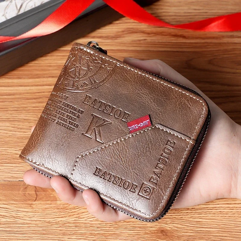 Vintage Style Men's Double Fold Zipper Wallet Short Slim Design Card Slots Cash Clip Coin Pocket  Multifunctional Casual Wallet