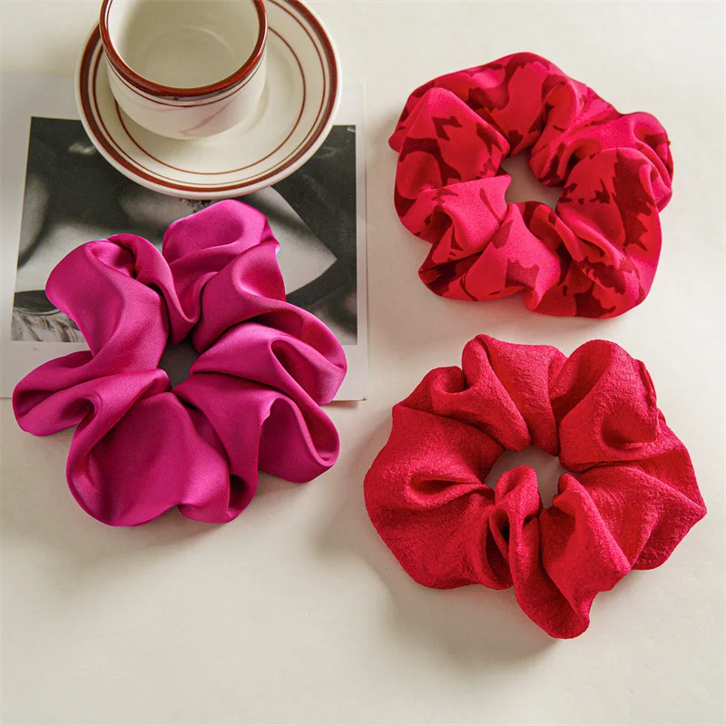 Retro simple rose red satin scrunchie female summer senior sense Korean large meatball hair rope hair headdress