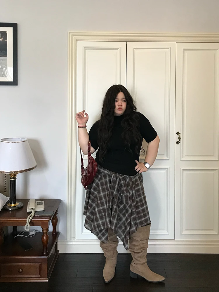 

Юбка Onism Plus в стиле ретро с асимметричным подолом в клетку для полных девушек, модная корейская модель, удобная для повседневной носки, свободного кроя, с эластичной талией